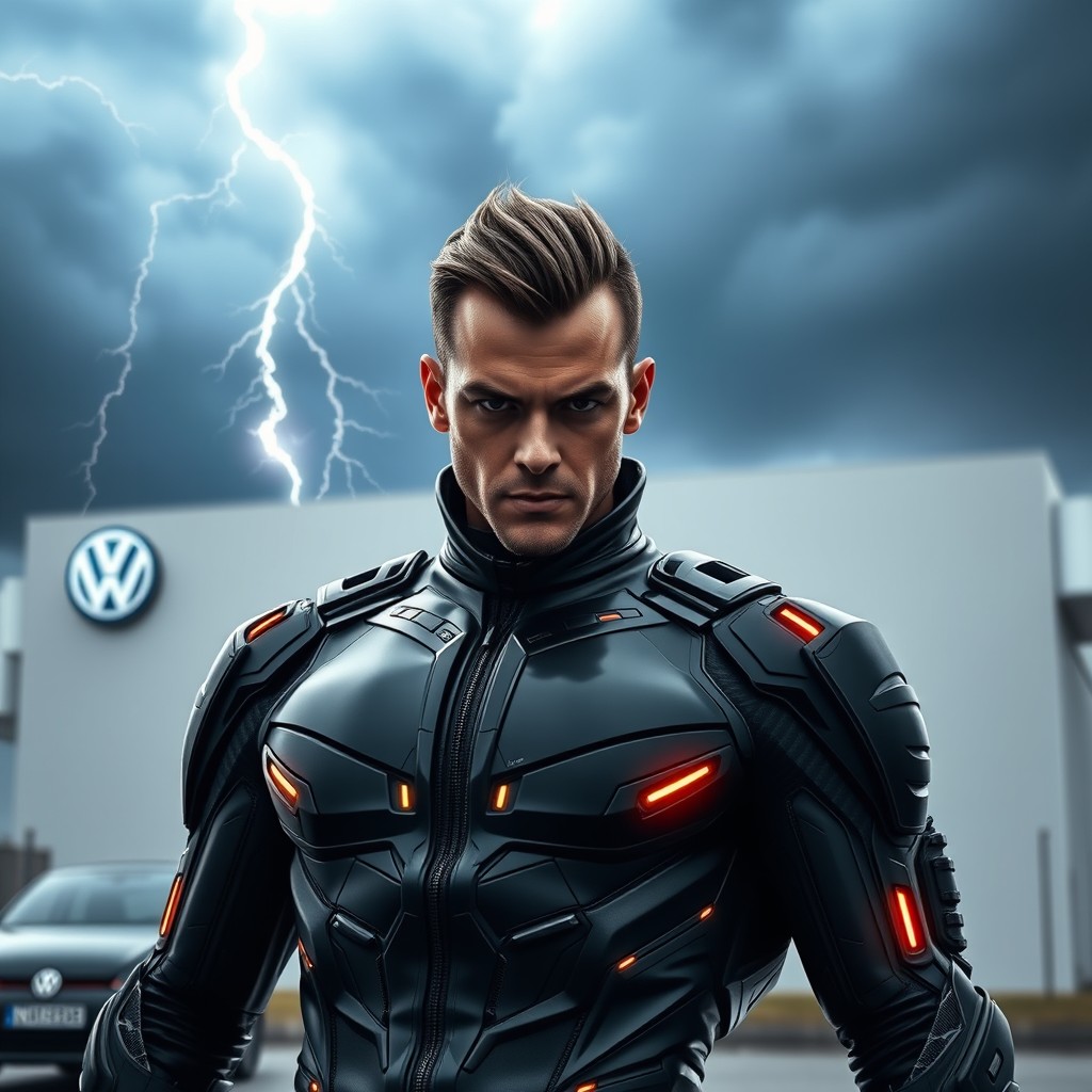 A powerful, menacing supervillain based in Wolfsburg, Germany, embodying a sleek, futuristic look