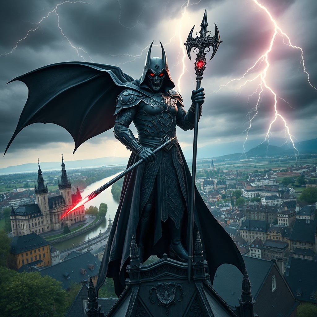 A powerful and menacing supervillain standing atop a gothic architecture building in Würzburg, Germany, overlooking the beautiful Würzburg Residence and the Main River