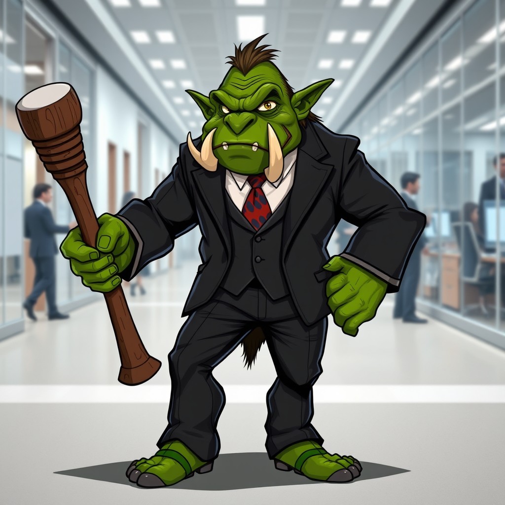 A comically fierce orc character standing confidently, wielding a large, rugged club in one hand while wearing a tailored business suit
