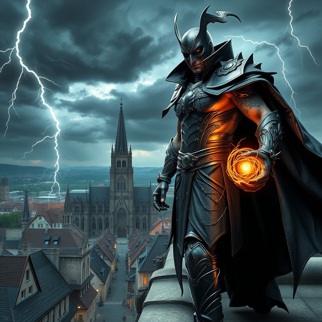 A sinister and formidable supervillain poised on a rooftop overlooking the historic city of Ulm, Germany, characterized by its iconic Ulm Minster towering in the background