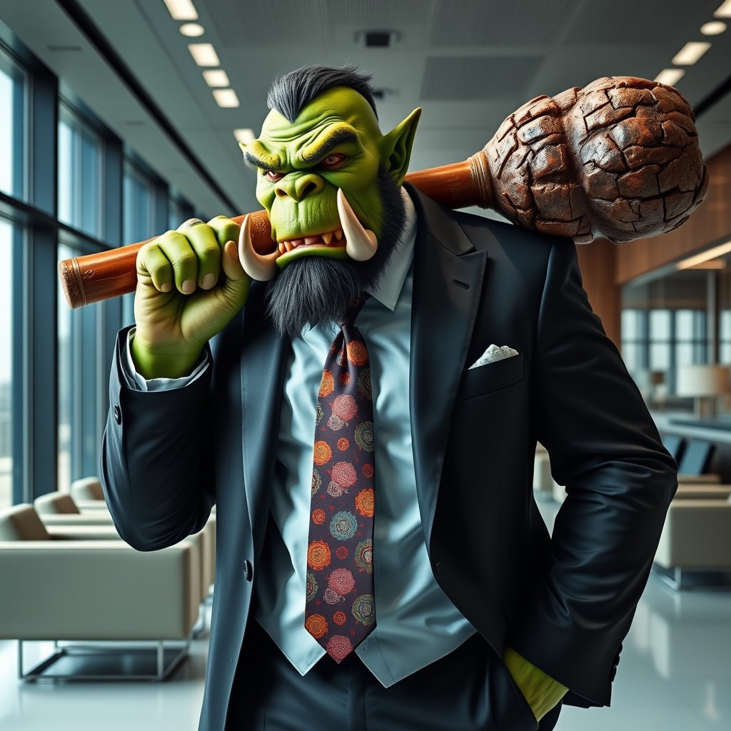 A visually striking depiction of an orc with a large, rugged club in a sharply tailored business suit
