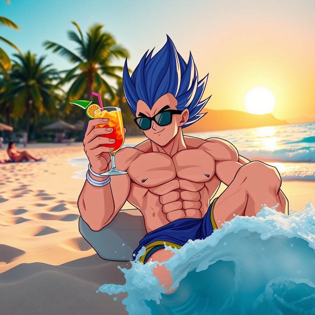 A powerful and muscular Saiyan warrior, Vegeta, casually relaxing on a sun-soaked beach, holding a tropical drink in a colorful cocktail glass, wearing stylish sunglasses and beach shorts, with the ocean waves gently lapping at the shore