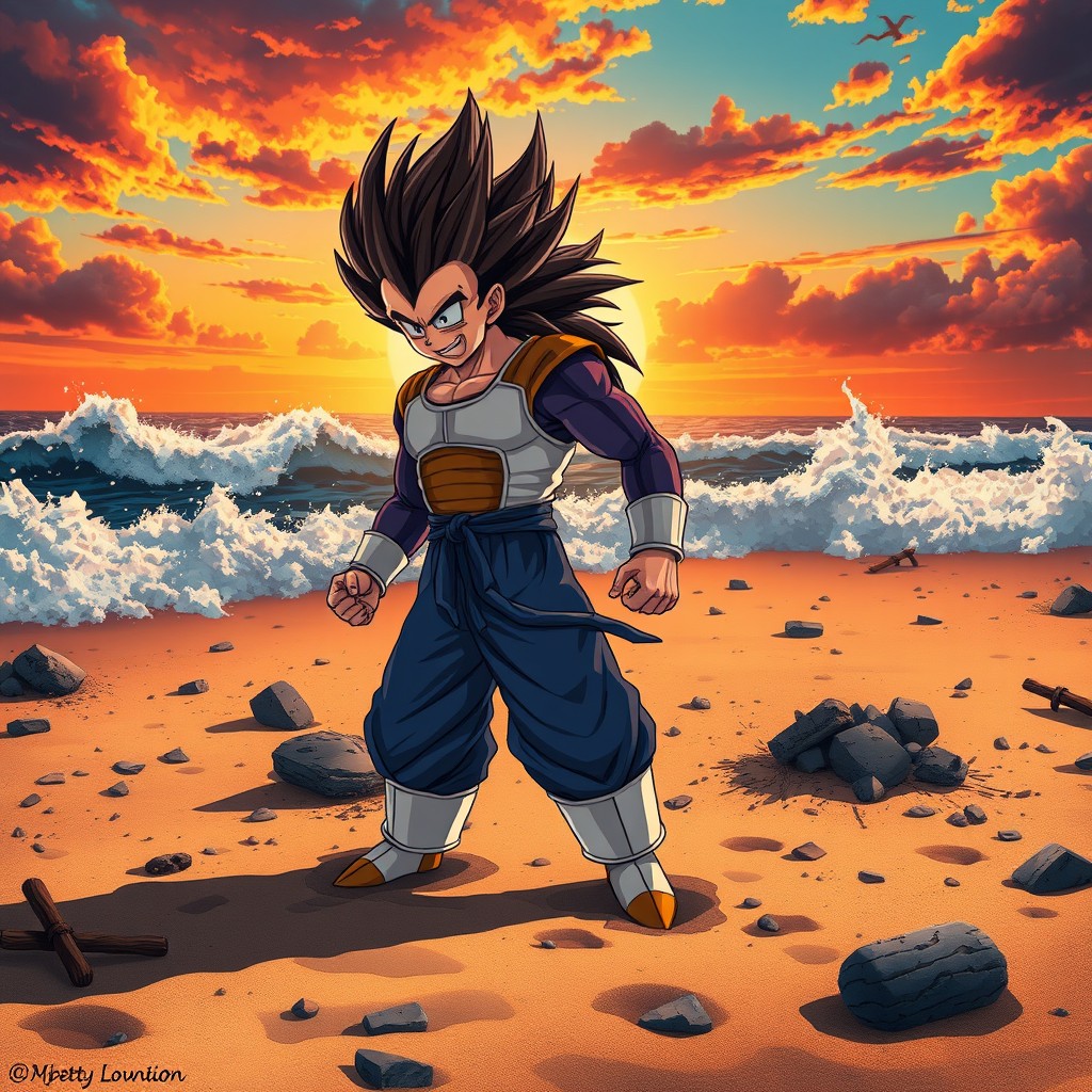 A dramatic scene featuring Vegeta, the fierce Saiyan warrior, standing on a sandy beach during a chaotic battle
