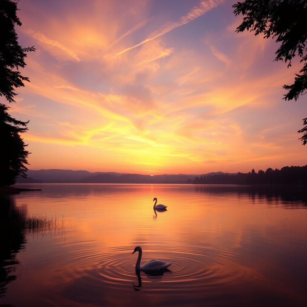 A serene and enchanting sunset over a tranquil lake, the sky painted in hues of orange, pink, and purple with wispy clouds reflecting the colors onto the water