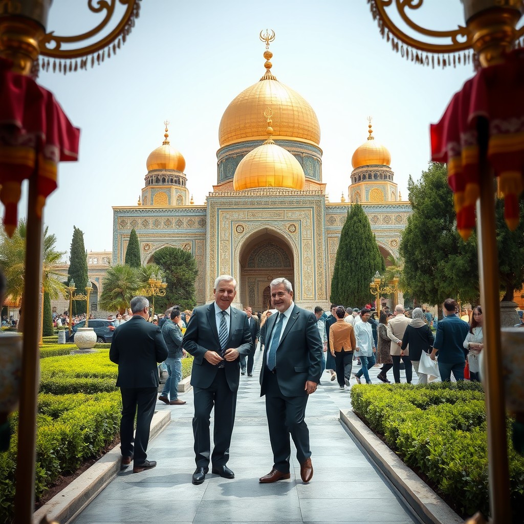 A dynamically composed image depicting an Israeli political figure visiting the majestic Imam Reza shrine in Mashhad, Iran