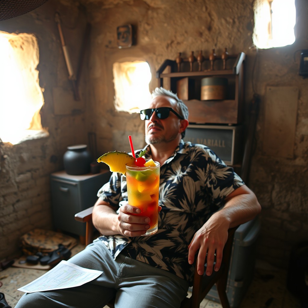 A Polish man enjoying a colorful cocktail in a vintage bomb shelter, during his vacation in Egypt