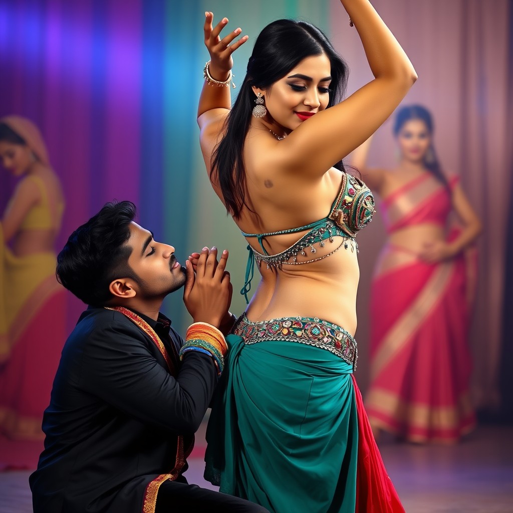 An Indian man kneels down, gently kissing the slim, pierced navel of a belly dancer