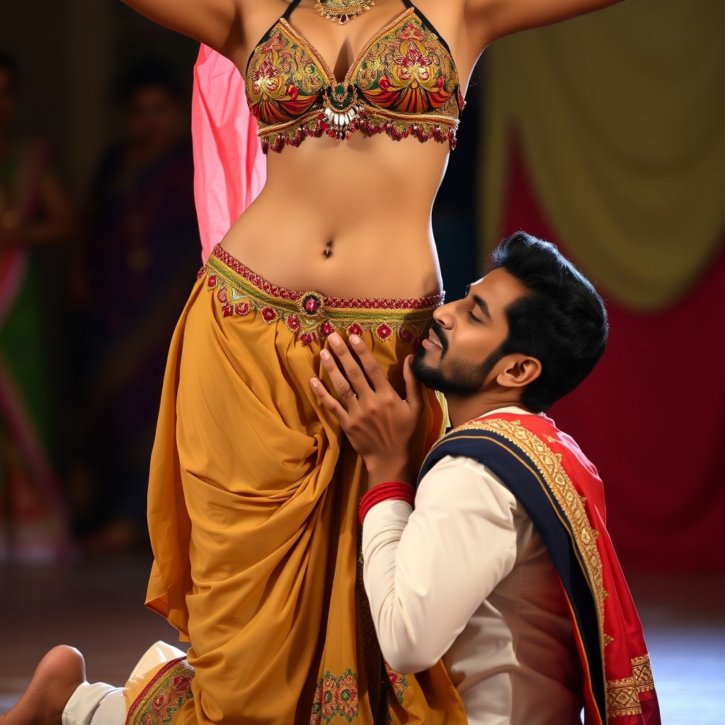 An Indian man kneels down, affectionately kissing the slim, pierced navel of a belly dancer