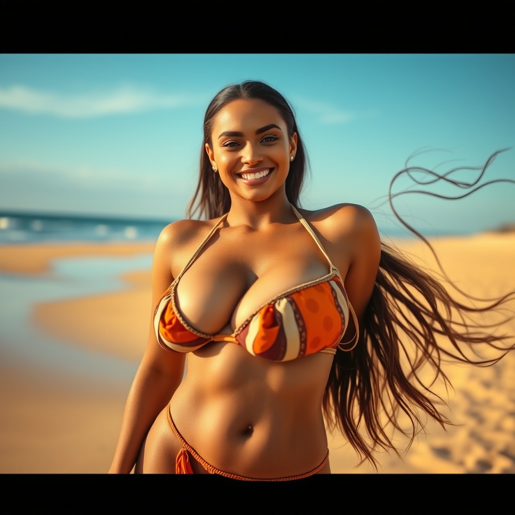 A stunning mixed-race woman with an attractive figure, featuring voluminous curves and an alluring presence