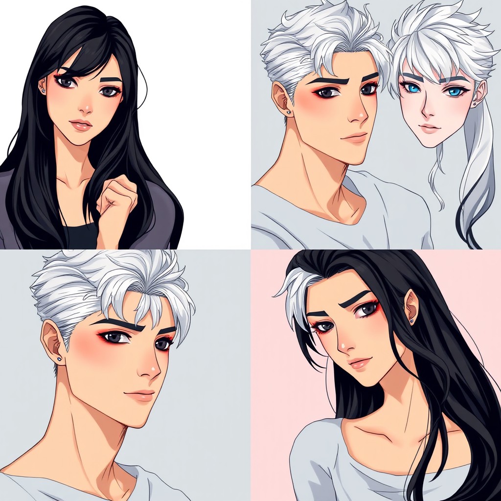An illustration featuring two people, a young man and a young woman, presented in four quadrants