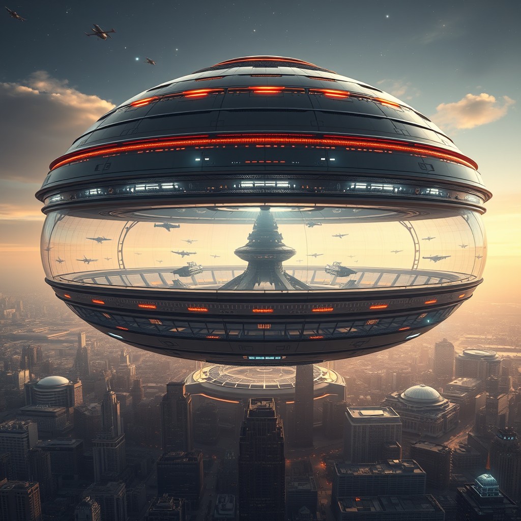 A breathtaking, futuristic four-layered star defense system, depicted as an imposing, massive dome structure covering a sprawling modern city