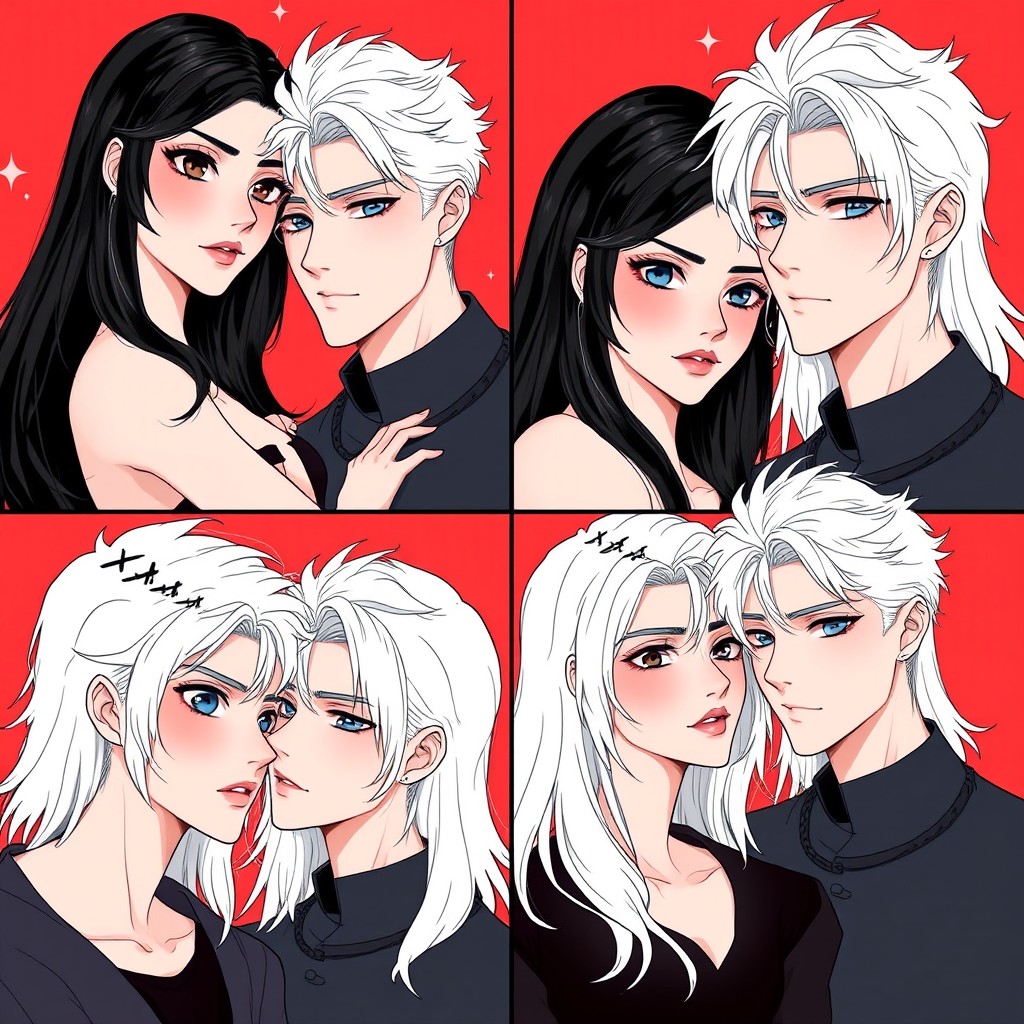 An illustration featuring two people, a young man and a young woman, presented in four quadrants