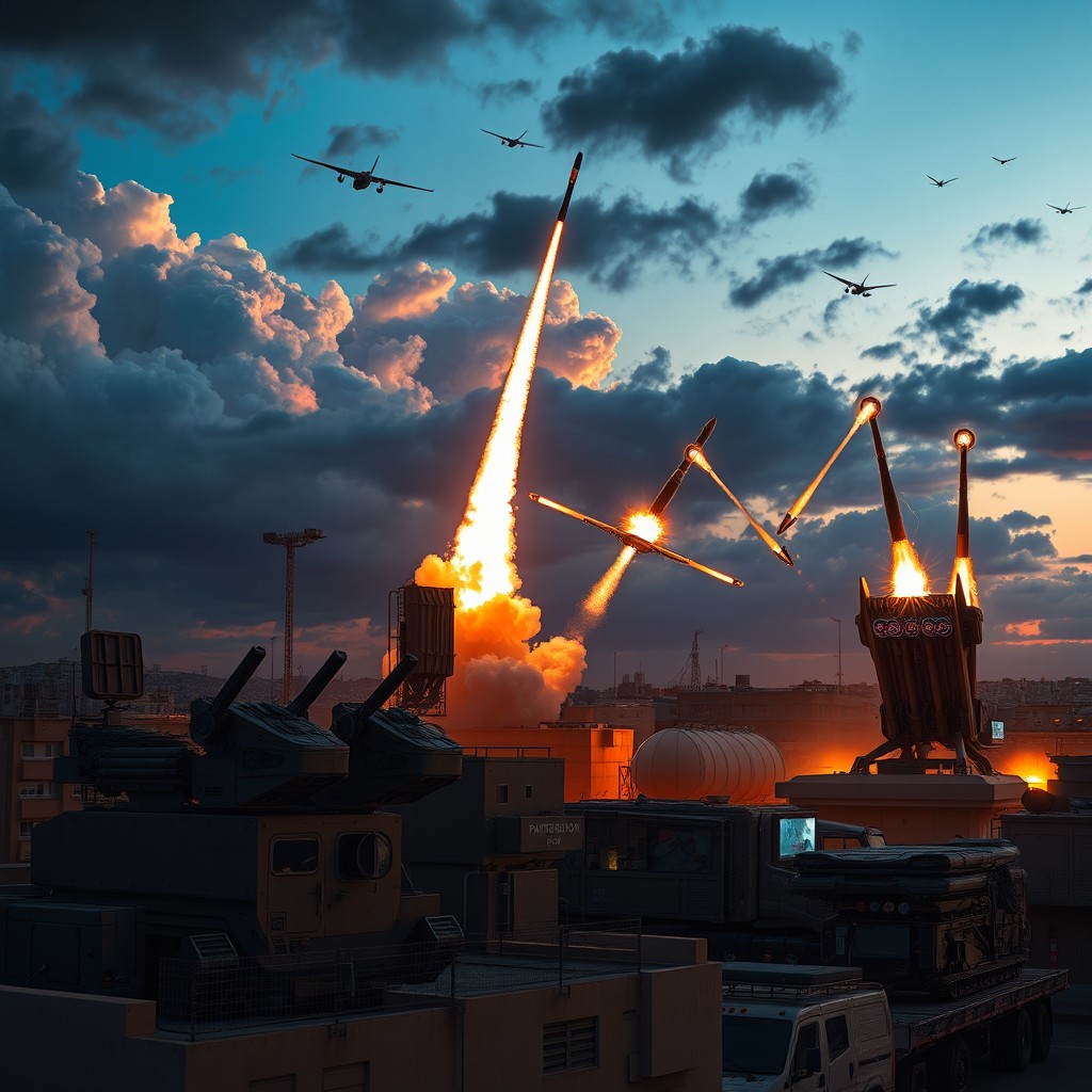 A powerful depiction of an advanced air defense system that seamlessly integrates components of the Patriot missile system, THAAD, Iron Dome, and S-500