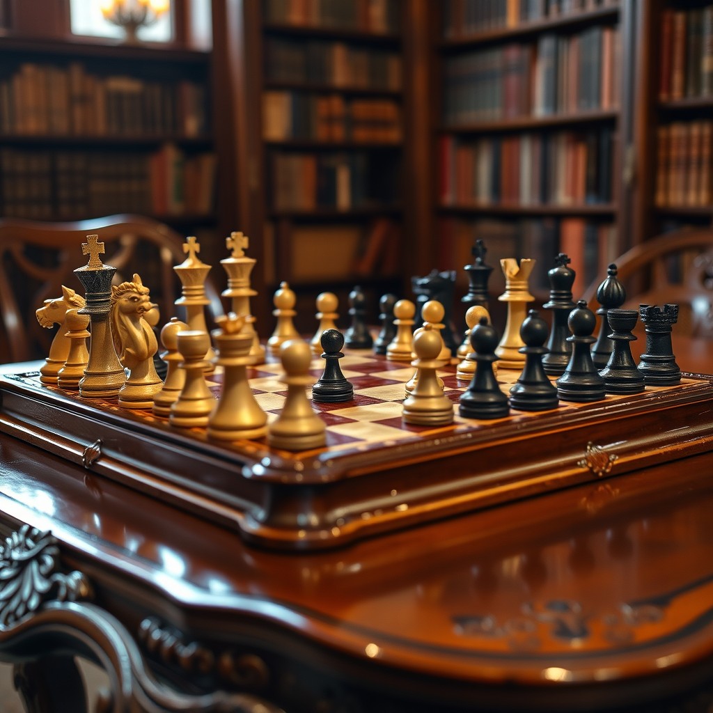 A beautifully arranged chess set on an ornate wooden table, featuring intricately carved pieces and a polished board