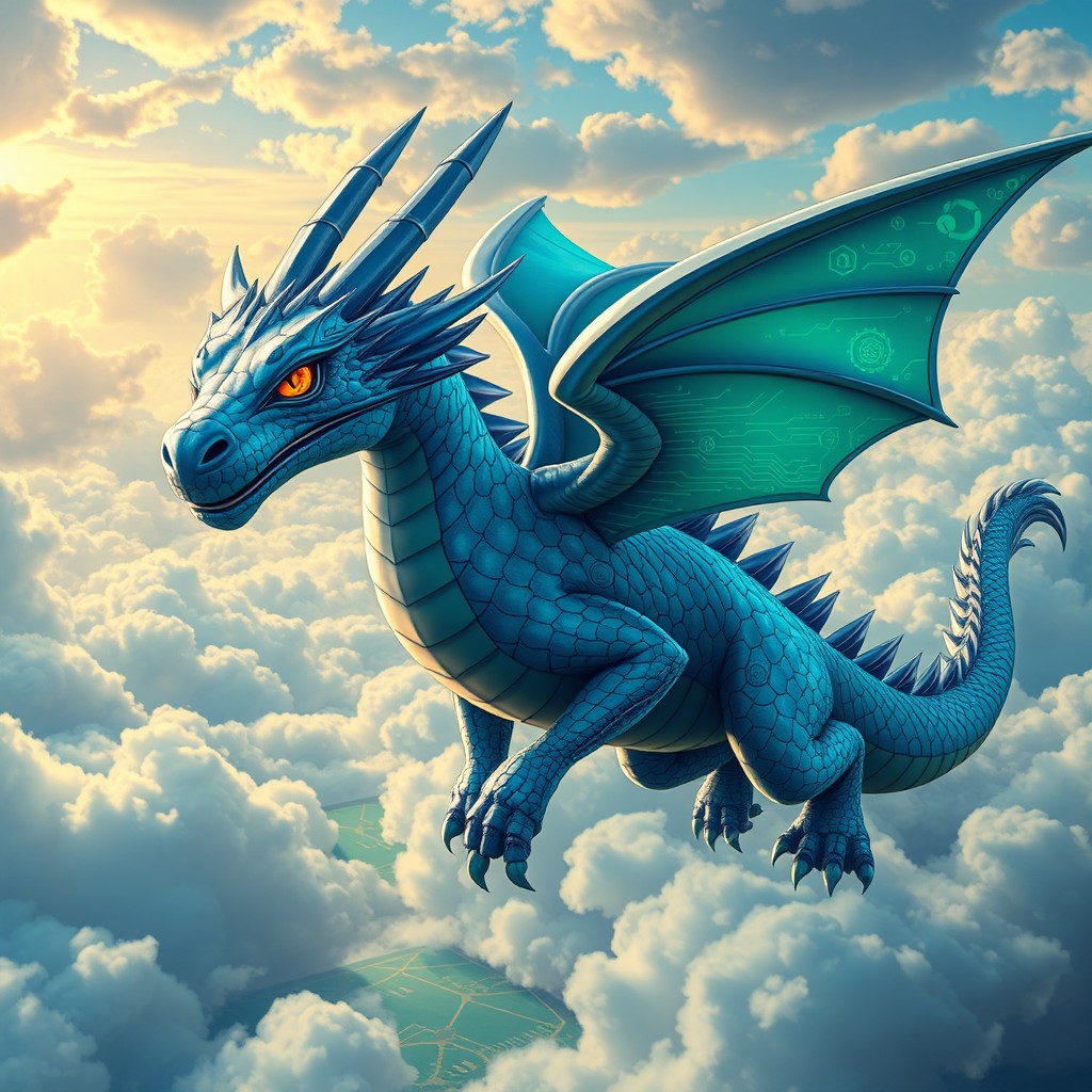 A majestic dragon representing the Zebec network, soaring through a vibrant sky filled with clouds
