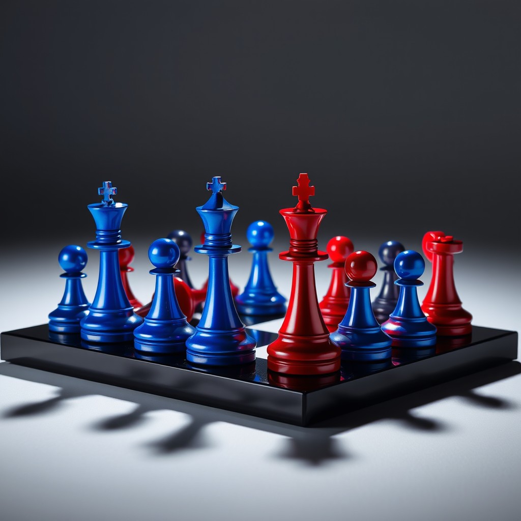 A striking chess set featuring blue and red pieces on a modern, sleek black chessboard
