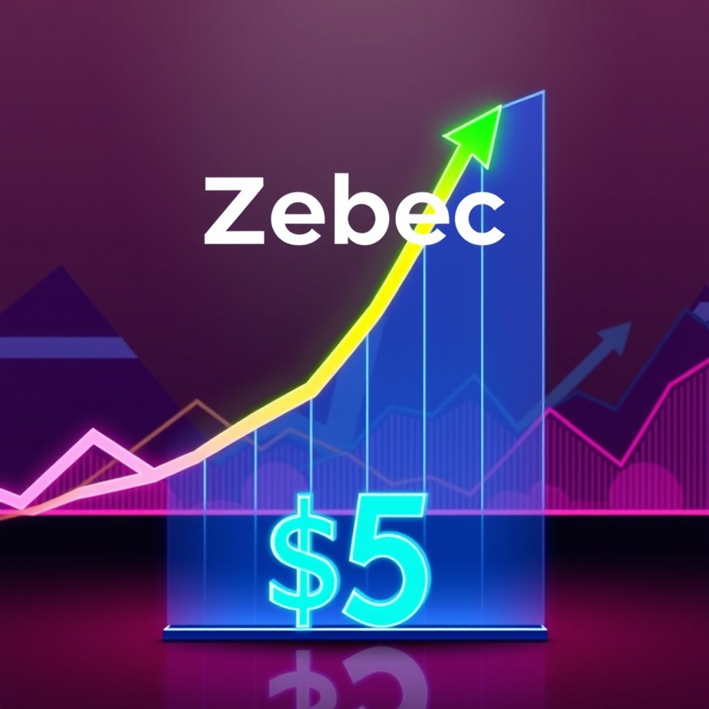 A visually striking stock chart representing the Zebec network, prominently showing an upward trend reaching a peak value of $5