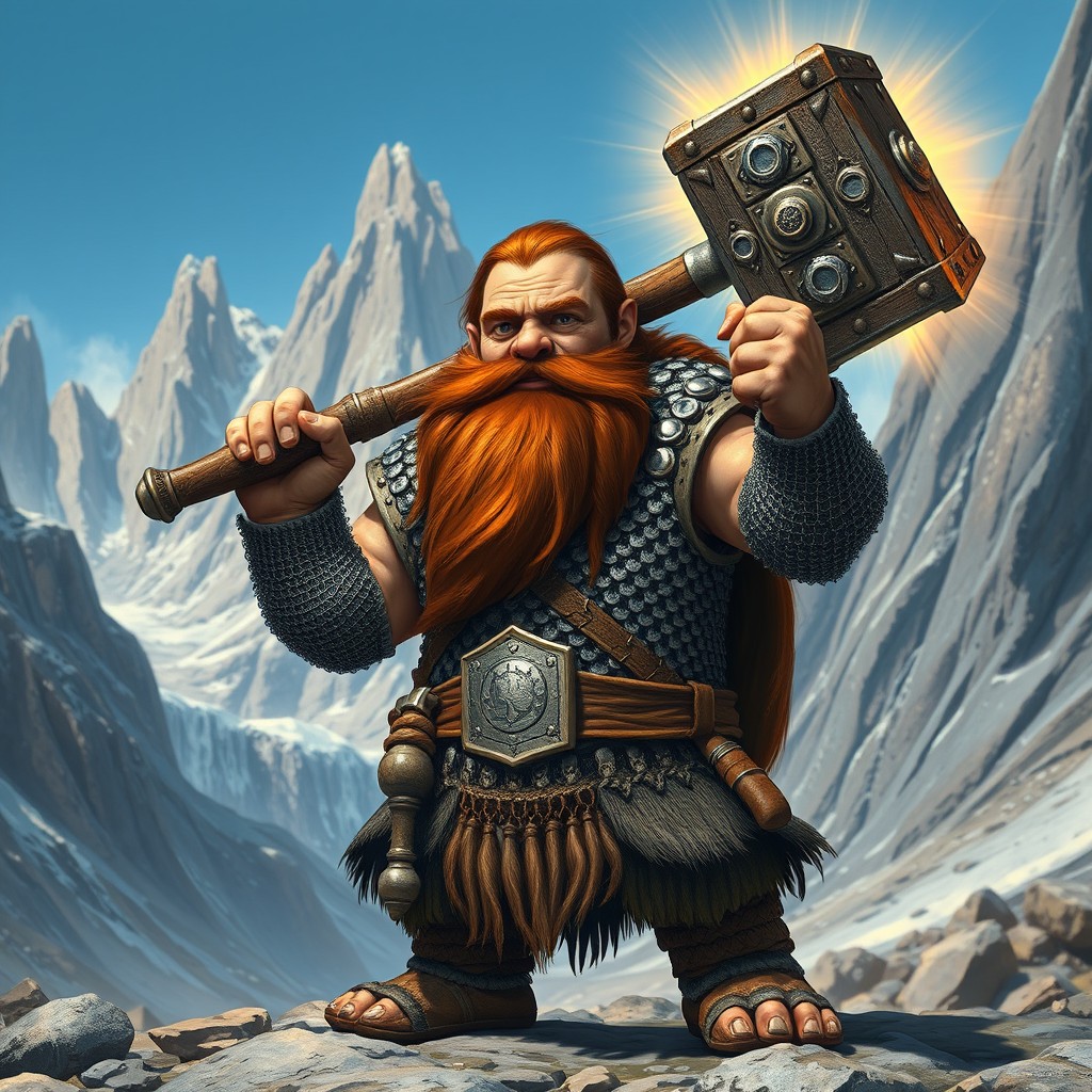 A realistic depiction of a mountain dwarf, standing proudly in a rugged mountainous terrain