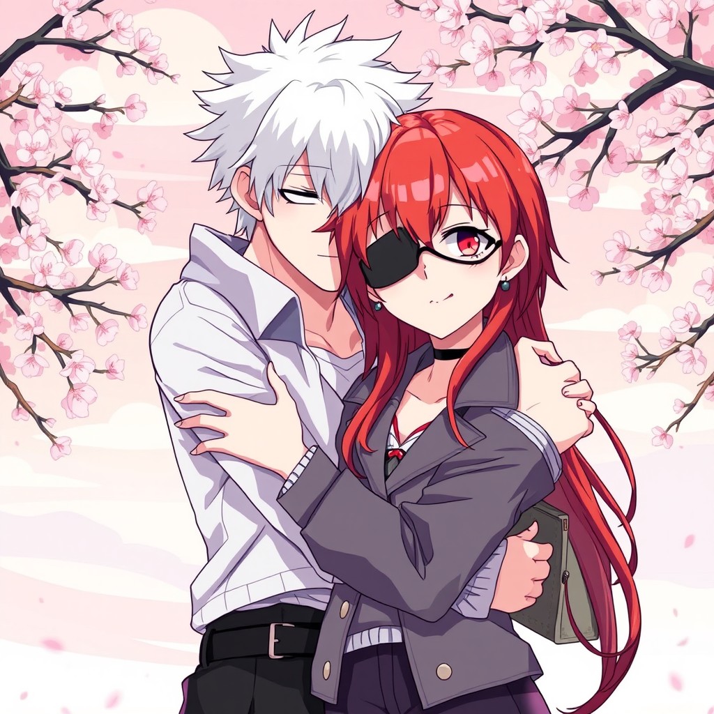 A young white-haired man gently hugging a red-haired woman who is wearing an eye patch