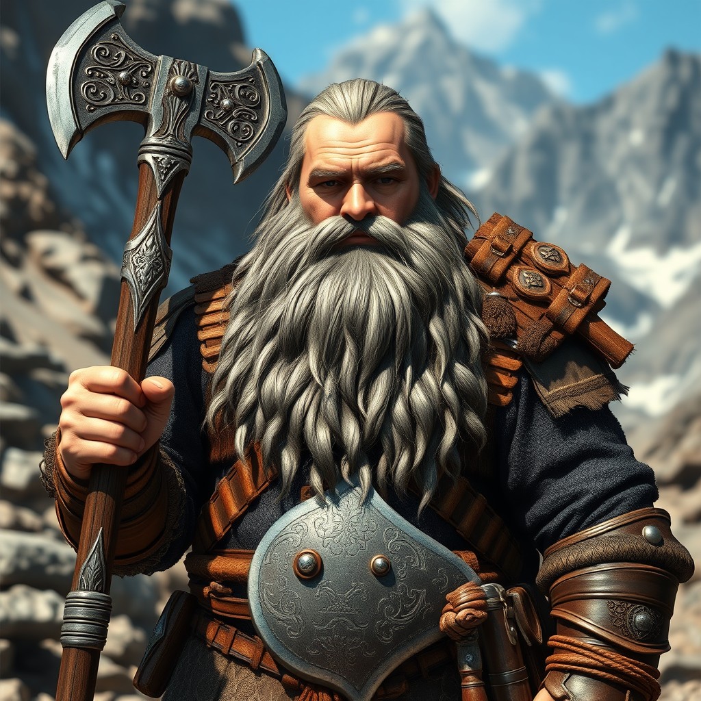 A highly realistic depiction of a dwarf character with a magnificent silver-decorated beard, showcasing intricate silver ornaments woven throughout