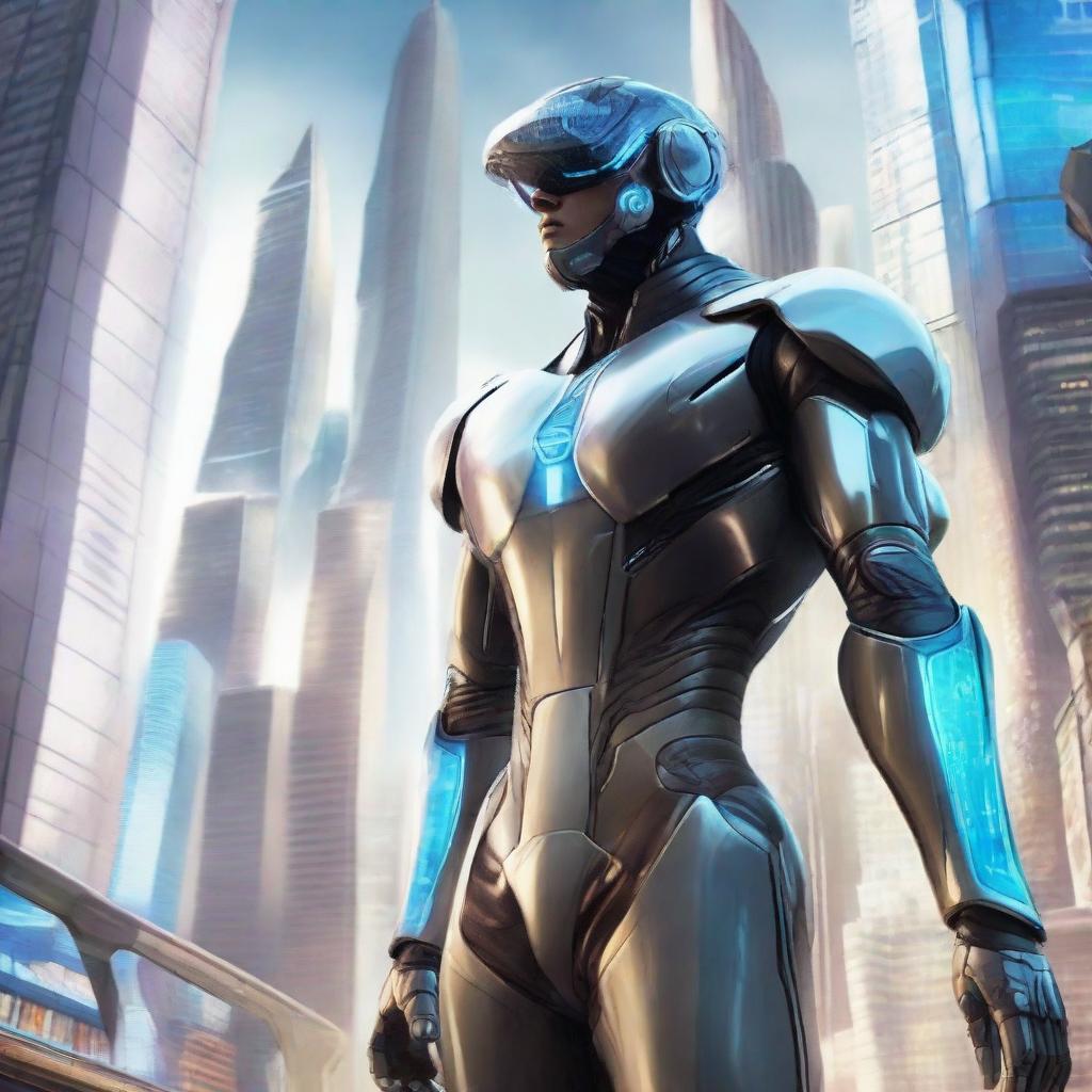 A man from the future, clad in futuristic attire with sleek gadgets and visors. Around him, a world brimming with advanced technology - floating vehicles, holographic screens and towering, light-filled skyscrapers.