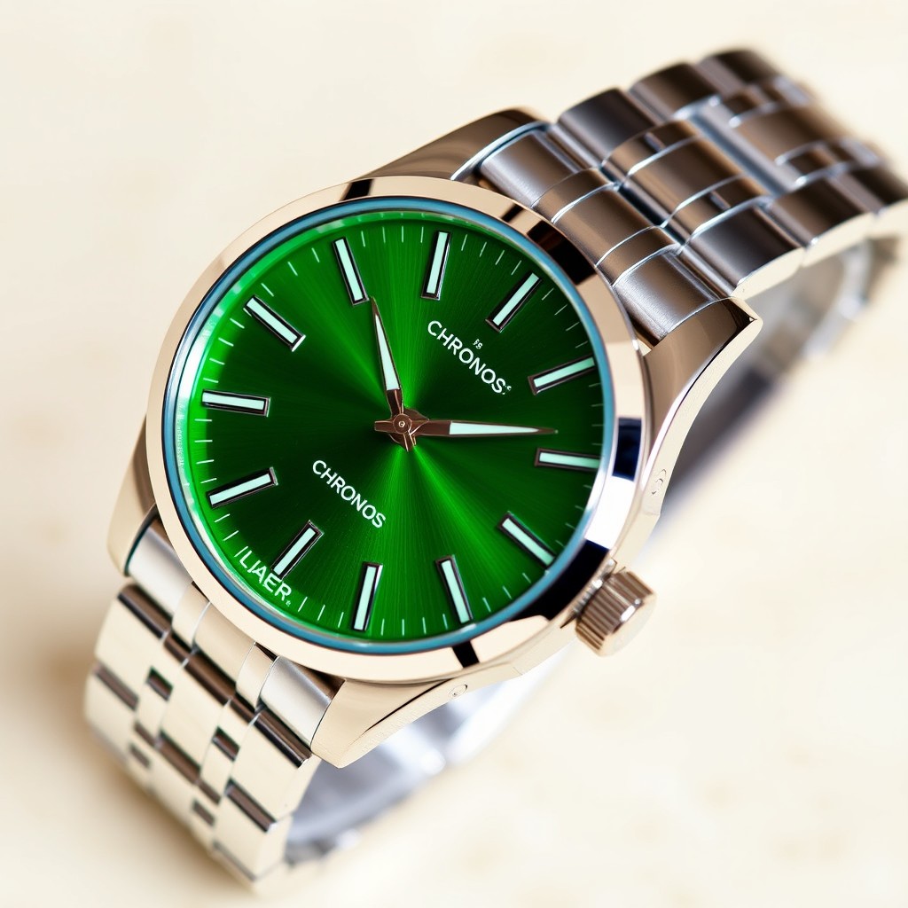 A stunning luxury watch featuring a vibrant green dial complemented by a sleek stainless steel strap