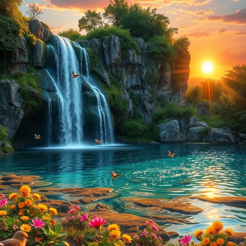 A stunning and captivating landscape scene featuring a picturesque waterfall cascading down a rocky cliff into a serene pool of crystal-clear water below