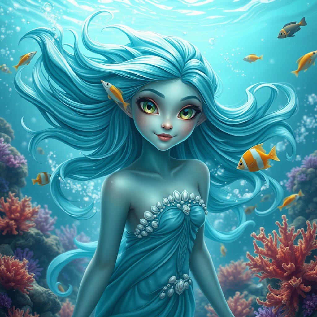 A graceful female sea elf emerges from the shimmering ocean waves, embodying the beauty of the sea