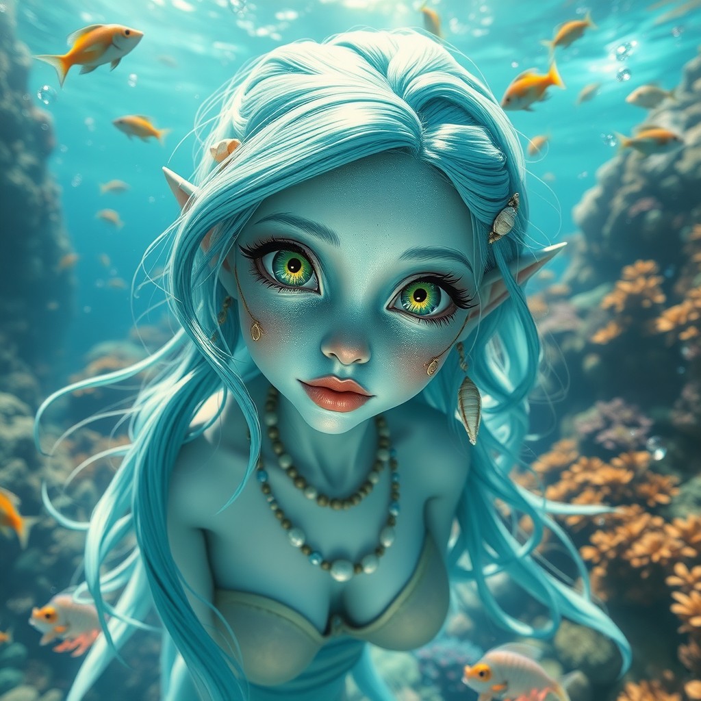 A stunning female sea elf gracefully emerges from the crystal-clear ocean, showcasing her enchanting features