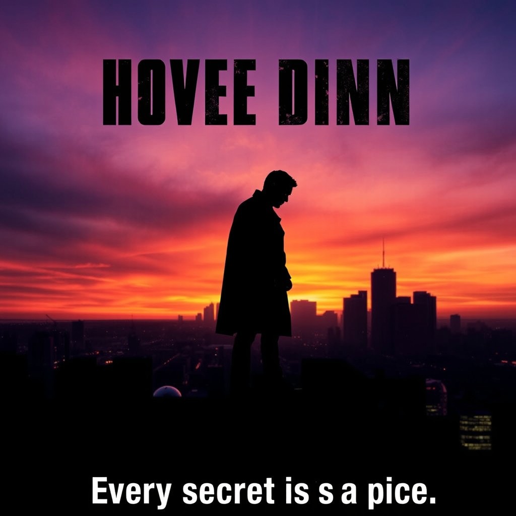 A dramatic movie poster featuring a mysterious, shadowy figure standing on the edge of a city rooftop at sunset, with vibrant colors of twilight in the background