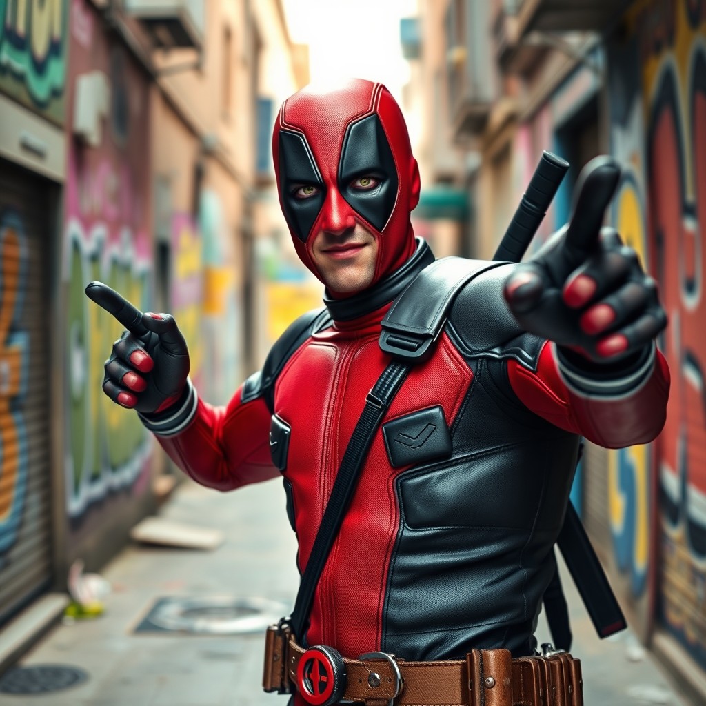A charismatic Polish actor resembling Tomasz Karolak wearing a vibrant Deadpool suit, striking a heroic pose