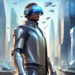 A man from the future, clad in futuristic attire with sleek gadgets and visors. Around him, a world brimming with advanced technology - floating vehicles, holographic screens and towering, light-filled skyscrapers.