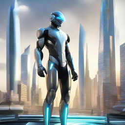 A man from the future, clad in futuristic attire with sleek gadgets and visors. Around him, a world brimming with advanced technology - floating vehicles, holographic screens and towering, light-filled skyscrapers.