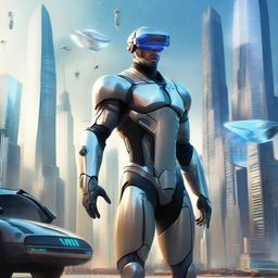 A man from the future, clad in futuristic attire with sleek gadgets and visors. Around him, a world brimming with advanced technology - floating vehicles, holographic screens and towering, light-filled skyscrapers.