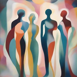 Multiple abstract figures symbolically embodying different types of relationships. They should be interacting with each other on an ethereal background.