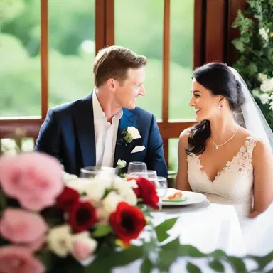 The couple enjoyed a romantic dinner at a restaurant, surrounded by fresh-cut flowers.
