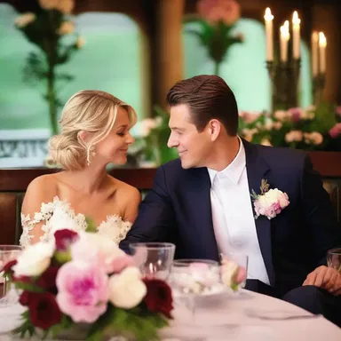 The couple enjoyed a romantic dinner at a restaurant, surrounded by fresh-cut flowers.