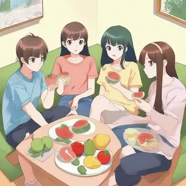 The group of friends gathered to binge-watch the latest anime series, snacking on fresh-cut fruit.
