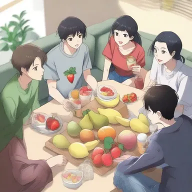The group of friends gathered to binge-watch the latest anime series, snacking on fresh-cut fruit.