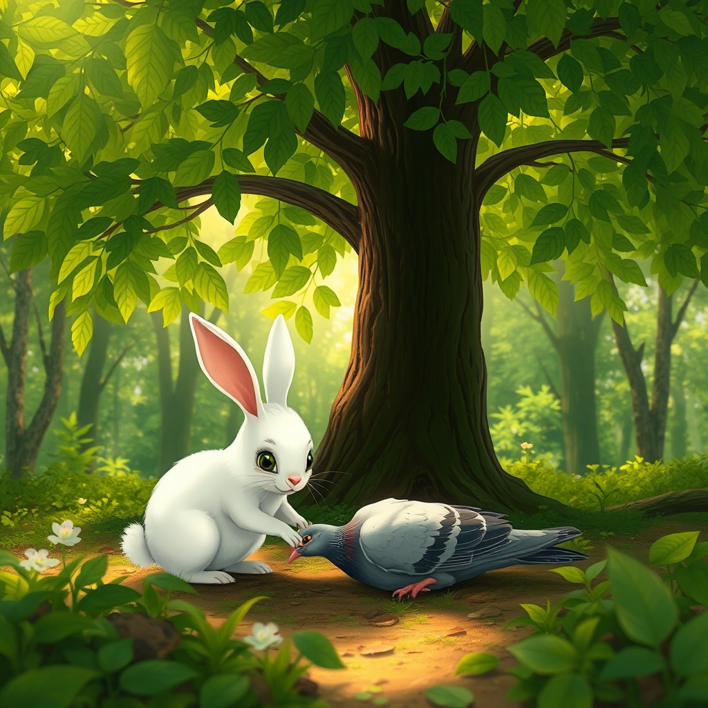 A small white rabbit with expressive eyes gently nudges an injured pigeon lying on the forest floor under a big, lush green tree