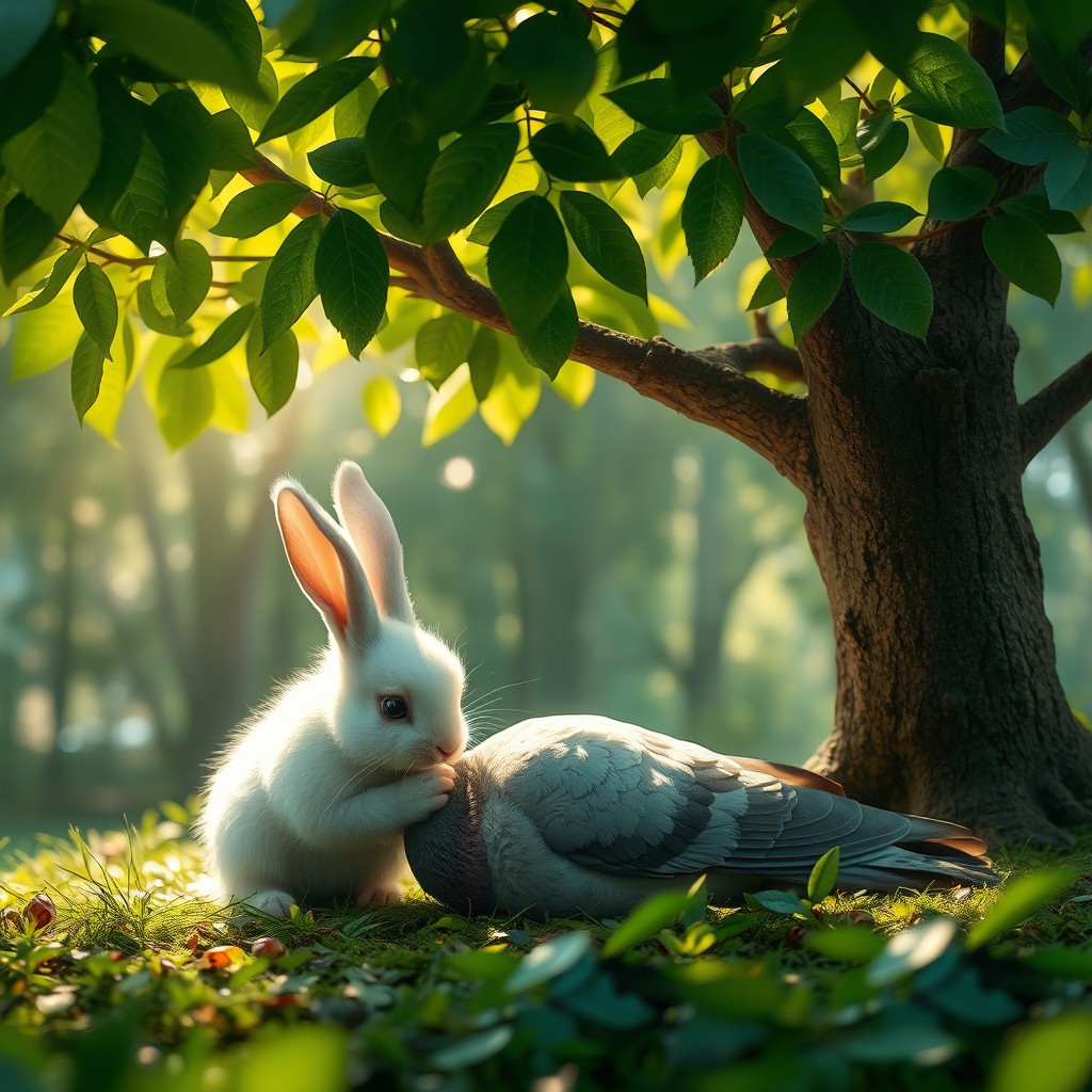 A small white rabbit with worried eyes gently nudges an injured pigeon lying under a big, leafy green tree in a dense forest