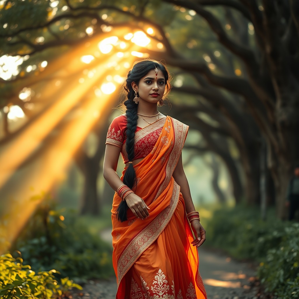 A full-body, ultra-high-resolution, photorealistic and cinematic image of a graceful young Indian woman walking along a winding forest path beneath a lush canopy of ancient trees