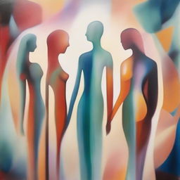 Multiple abstract figures symbolically embodying different types of relationships. They should be interacting with each other on an ethereal background.