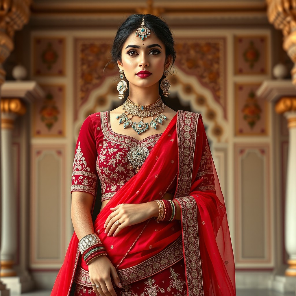 A full-body portrait of a beautiful woman wearing a traditional Indian ghagra choli, featuring intricate embroidery and vibrant colors such as red, maroon, and royal blue