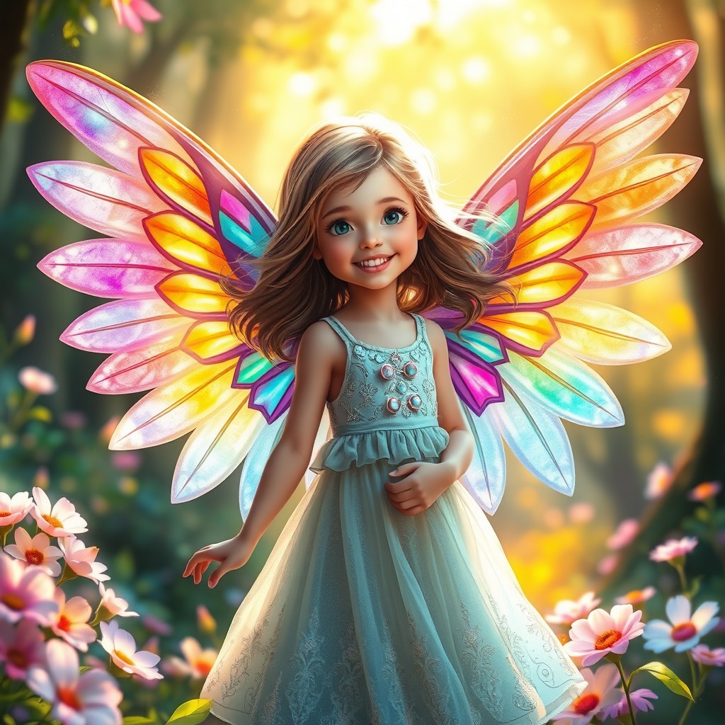 A whimsical scene featuring a young girl with colorful, magnificent wings extending from her back, radiating a soft, warm light that adds a magical aura to the atmosphere