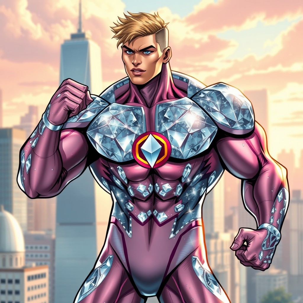 A powerful teenage male superhero with muscular physique, his entire skin made of sparkling diamonds