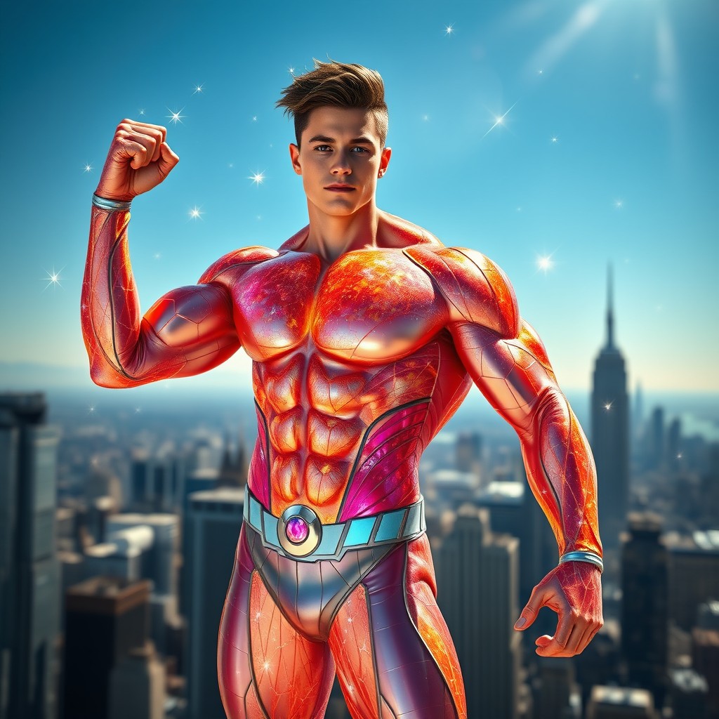 A muscular teenage superhero with skin made entirely of diamond, radiating a shimmering brilliance under sunlight