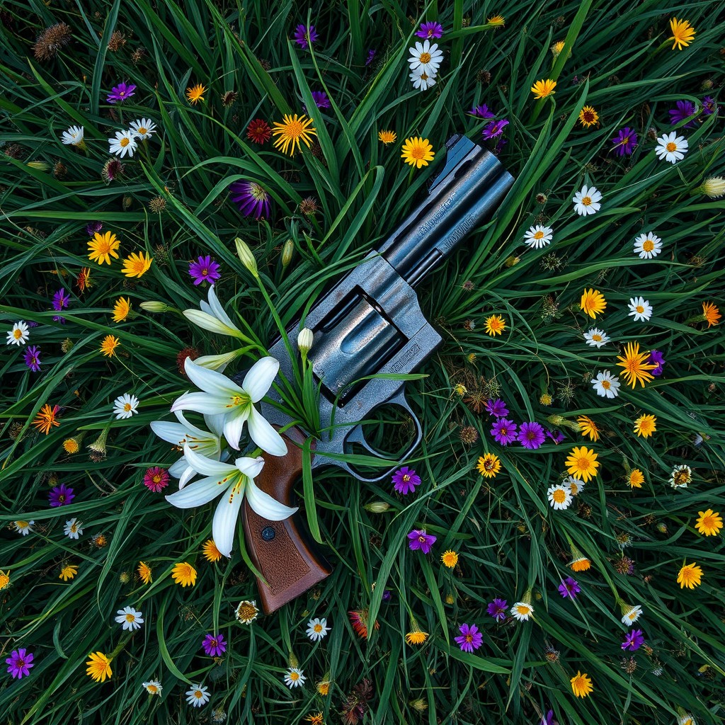 An aerial view of gloomy grass adorned with vibrant wildflowers