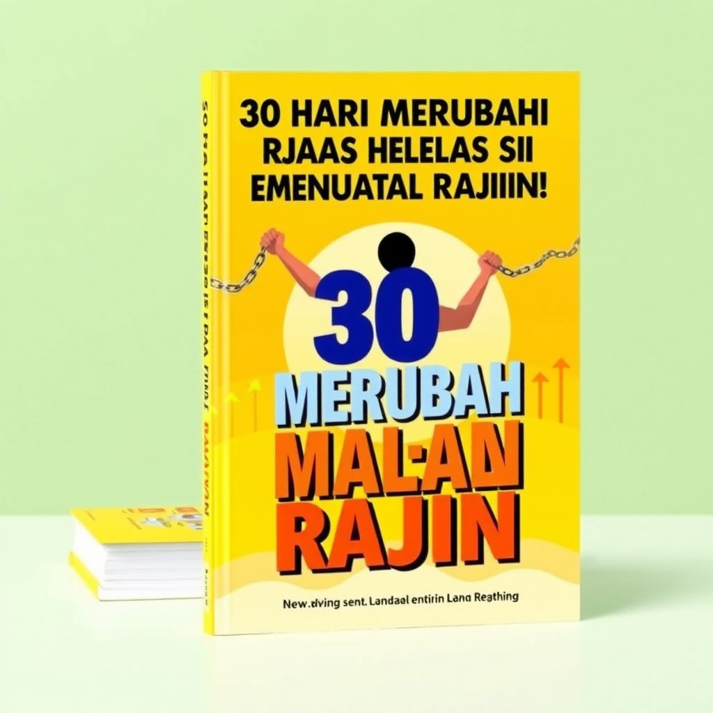 A vibrant book cover design for a self-help book titled "30 Hari Merubah Si Malas Menjadi Rajin"