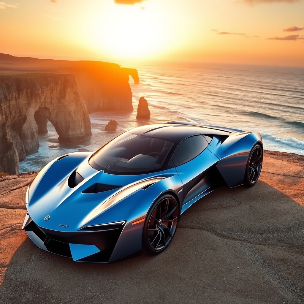 A sleek and futuristic sports car, glistening under a warm sunset, parked on a cliff overlooking a stunning ocean view